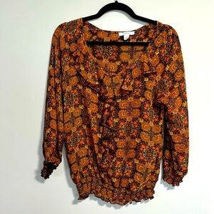 Dress Barn Smocked V-Neck Front Ruffle Top Medium Colour Orange/Brown